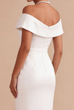 Off The Shoulder White Sheath Pearls Midi Engagement Dress