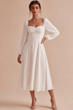 White A-Line Sweetheart Midi Engagement Dress with Long Sleeves