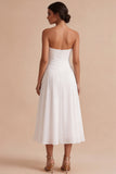 Strapless White Ruched A-Line Midi Engagement Dress