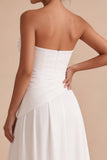 Strapless White Ruched A-Line Midi Engagement Dress