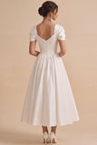 White Rhinestones A-Line Square Neck Engagement Dress with Puff Sleeves