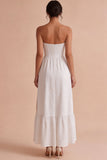 Strapless White Jacquard A-Line Corset Long Engagement Dress with Slit