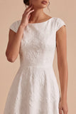 White A-Line Bateau Jacquard Long Engagement Dress with Cap Sleeves