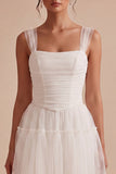 Ruched Square Neck A-Line Tulle Short Little White Dress