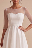 White Illusion Neck High-Low Asymmetrical Hem A-Line Engagement Dress with 3/4 Sleeves