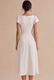 White A-Line Flutter Sleeves Midi Engagement Dress