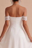 Off The Shoulder A-Line Ruched Midi Little White Dress with Lace