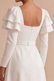 White A-Line Flutter Sleeves Square Neck Long Engagement Dress with Belt