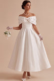 Off The Shoulder Pearls White 3D Flowers A-Line Long Engagement Dress with Bow