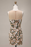 Light Khaki Corset Illusion Neck Sequin Floral Short Homecoming Dress with Side Slit