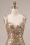 Gold Mirror Sequins Tulle Bodycon Thick Straps Short Homecoming Dress with Side Slit