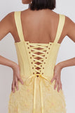 Light Yellow Corset Pearls Floral Appliques Thick Straps Bodycon Short Homecoming Dress