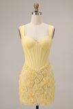 Light Yellow Corset Pearls Floral Appliques Thick Straps Bodycon Short Homecoming Dress