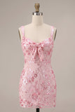 Sparkly Pink Sequins Corset Thick Straps Short Homecoming Dress with Bow