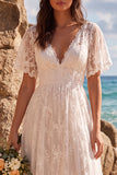 White V-Neck Flutter Sleeves A-Line High-Low Wedding Dress with Lace
