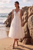 White A-Line V-Neck Floral Appliqued Midi Wedding Dress