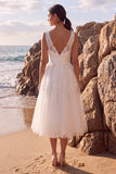 White A-Line V-Neck Floral Appliqued Midi Wedding Dress