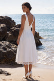 White V-Neck Ruched A-Line Midi Wedding Dress with Lace