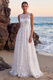 Floral White Embroidered A-Line Illusion Neck Long Wedding Dress