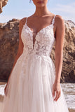 White Appliqued A-Line V-Neck Tulle Floral Long Wedding Dress