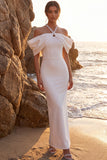 White Halter Sheath Satin Off the Shoulder Beaded Long Wedding Dress