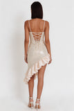 Ivory Cowl Neck Asymmetrical Ruffled High-Low Hem Sequins Sheath Midi Cocktail Dress