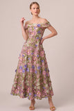Pink Off the Shoulder A-Line Appliques Midi Floral Dress