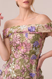 Pink Off the Shoulder A-Line Appliques Midi Floral Dress