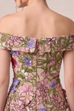 Pink Off the Shoulder A-Line Appliques Midi Floral Dress
