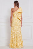 Daffodil Sheath One Shoulder Floral Appliqued Long Bridesmaid Dress with Bow