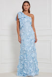 Daffodil Sheath One Shoulder Floral Appliqued Long Bridesmaid Dress with Bow