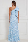 Daffodil Sheath One Shoulder Floral Appliqued Long Bridesmaid Dress with Bow
