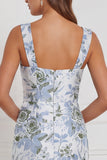 Sage Floral Sheath Square Neck Long Bridesmaid Dress