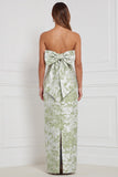 Sage Sheath Floral Strapless Long Bridesmaid Dress with Bow Back