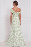Sage Floral Mermaid One Shoulder Asymmetrical Ruched Long Bridesmaid Dress
