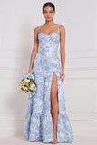 Light Blue A-Line Sweetheart Floral Long Bridesmaid Dress with Slit
