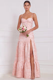 Light Blue A-Line Sweetheart Floral Long Bridesmaid Dress with Slit