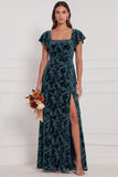 Brown Burnout Velvet Sheath Square Neck Flutter Sleeves Long Bridesmaid Dress with Side Slit