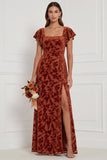 Brown Burnout Velvet Sheath Square Neck Flutter Sleeves Long Bridesmaid Dress with Side Slit