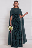Black Burnout Velvet Sheath V-Neck Long Bridesmaid Dress with Cape
