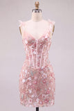 Pink Corset Tight Sweetheart Floral Short Homecoming Dress with Lace Up Back