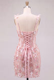 Pink Corset Tight Sweetheart Floral Short Homecoming Dress with Lace Up Back