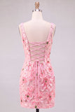 Pink Bodycon Square Neck Floral Short Homecoming Dress with Appliques