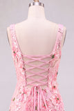Pink Bodycon Square Neck Floral Short Homecoming Dress with Appliques