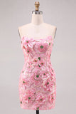 Pink Bodycon Strapless Floral Short Homecoming Dress