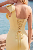 Yellow Bodycon One-Shoulder Pearl Beaded Short Homecoming Dress with Bow Detail