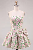 Pink A-Line Strapless Floral Jacquard Short Homecoming Dress with Bow