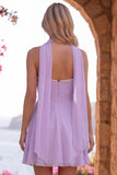 Yellow A-Line Pearl Trim Strapless Chiffon Short Homecoming Dress with Scarf
