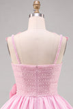 Pink A-Line Pearl 3D Flower Ruffle Hem Short Homecoming Dress with Bow