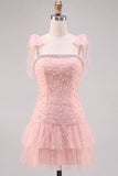 Pink Pearl Tulle Tiered A-Line Beaded Short Homecoming Dress with Ruffles